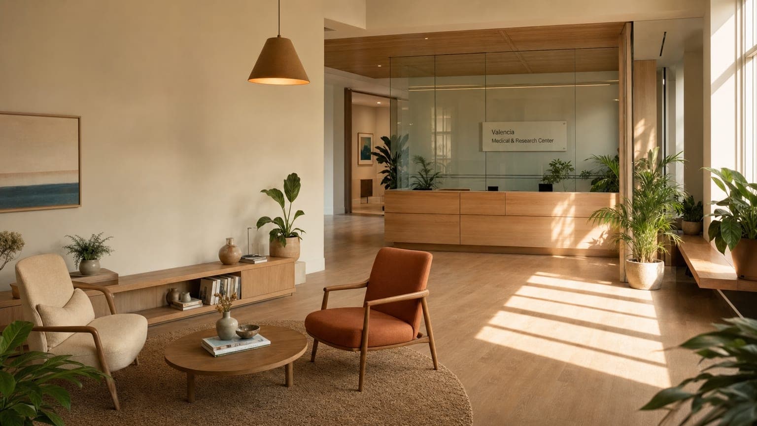 The Valencia Medical & Research Center lobby in Miami — light oak floors, cream walls, and warm afternoon light