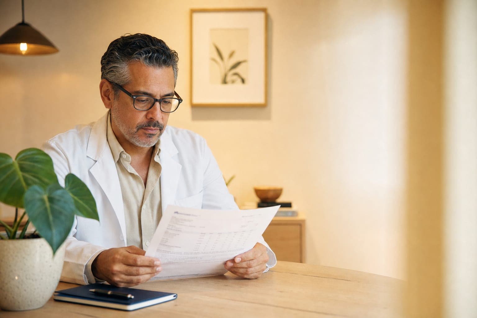 VMRC physician reviewing a lab report in a warm consultation room