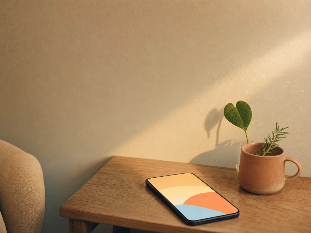 A smartphone resting on a warm wooden side table beside a small herb in a ceramic mug — the quiet bilingual concierge